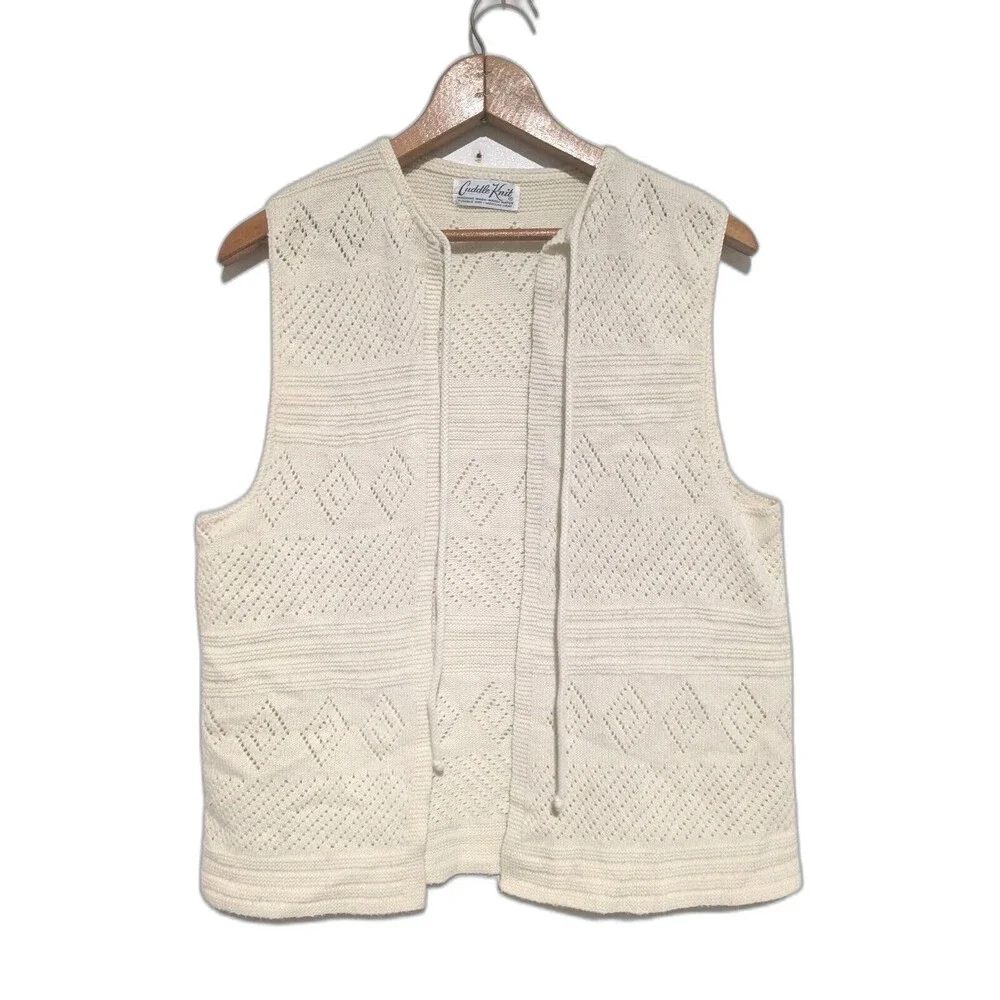 Vintage Cuddle Knit Sweater Vest Cream Pointelle Acrylic Boho S/M